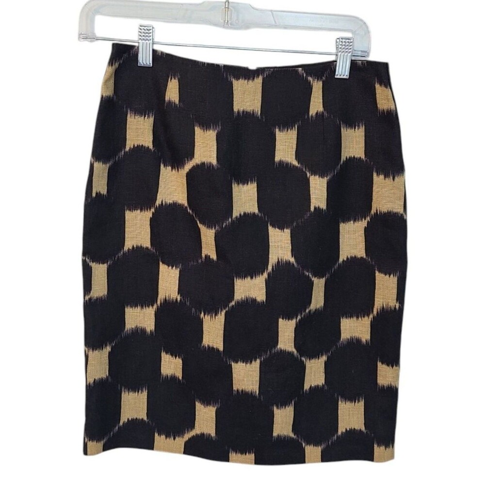 Worth NY Linen Pencil Lined Skirt Sz 0 Black Tan Geometric Ikat Art Deco Office